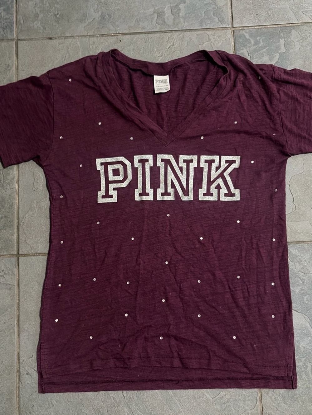 PINK Victoria's Secret Short-Sleeve V-Neck Tee in Deep Plum with Rhinestones